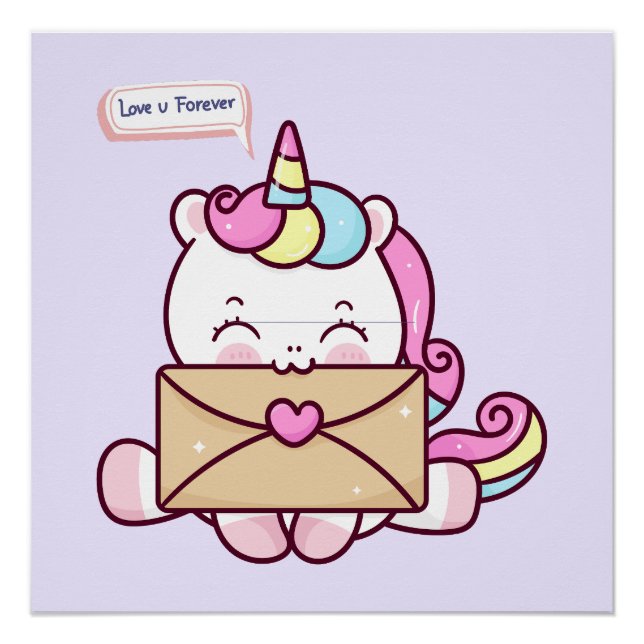Póster Cute Kawaii Unicorn Love Illustration (Anverso)