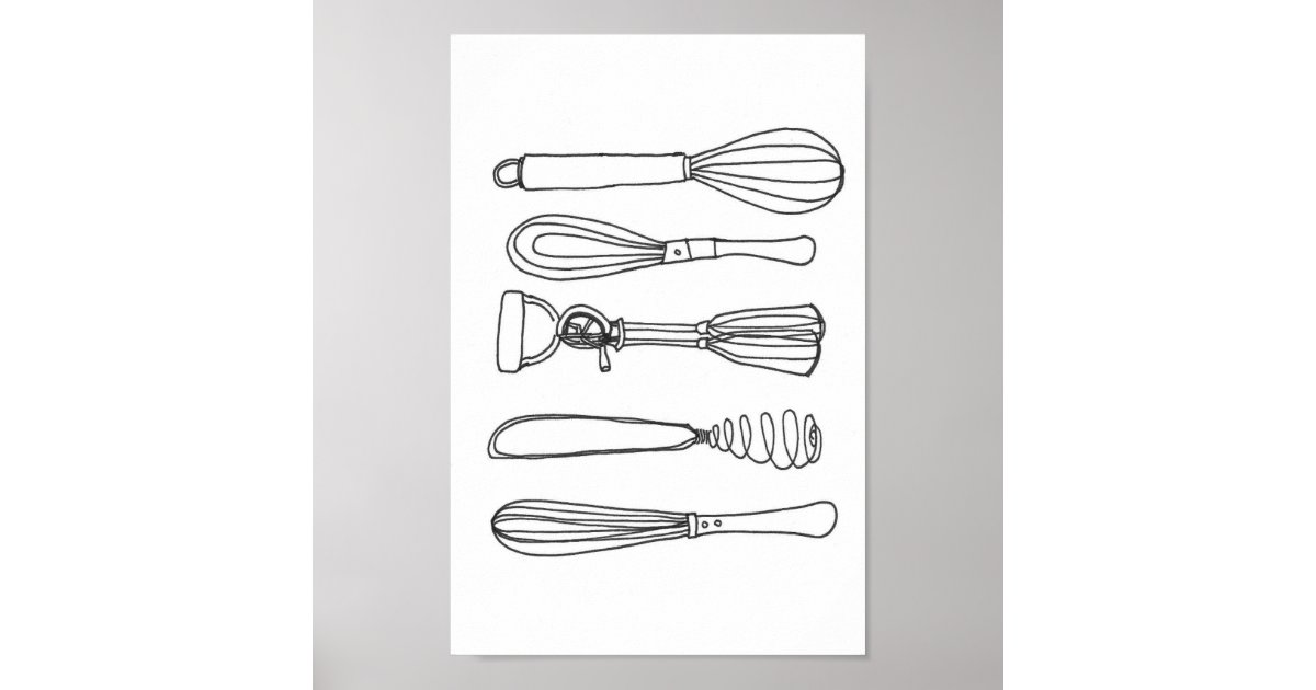 Póster Cute Kitchen Whisks Line Drawing Art Imprimir Zazzle.es