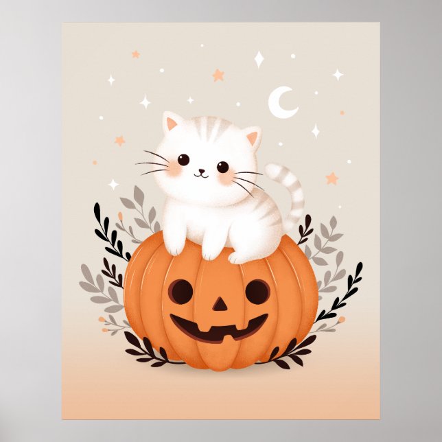 Póster Cute Kitten Sitting On Pumpkin Modern Halloween  (Frente)