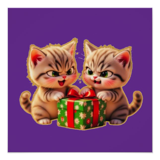 Póster **Cute Kittens Fighting Over a Gift – Funny Christ (Anverso)
