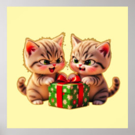 Póster **Cute Kittens Fighting Over a Gift – Funny Christ