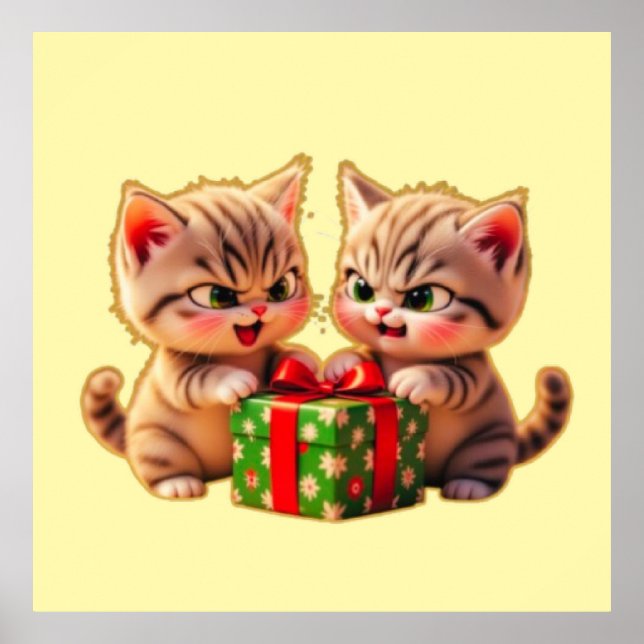 Póster **Cute Kittens Fighting Over a Gift – Funny Christ (Frente)