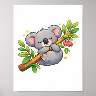 Póster Cute Koala Dormido en Rama de Eucalipto Kawaii