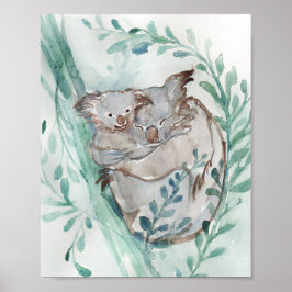 Póster Cute Koala y Baby Watercolor Neutral Nursery Verde