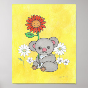 Póster Cute Koala y flores cartel de guardería de animale