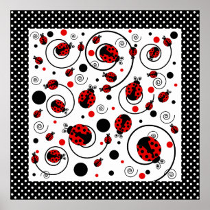 Póster Cute Ladybugs Polka Dots and Swirls 