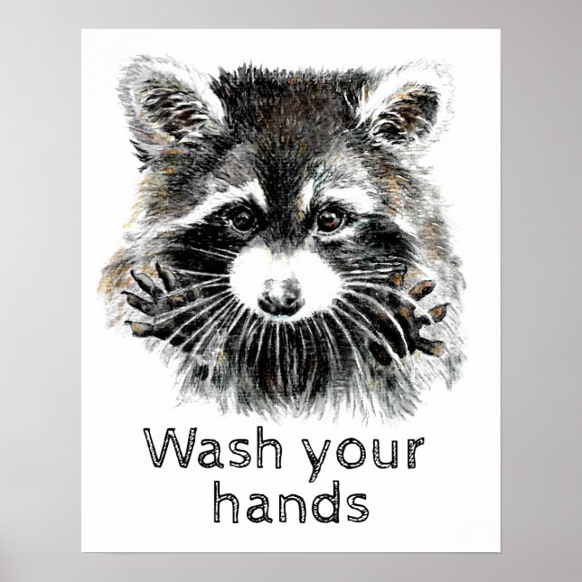 Póster Cute Lavabo Lávese las manos Raccoon Animal Art (Frente)
