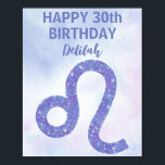 Póster Cute Leo Astrology Custom Purple Birthday Party<br><div class="desc">This pretty,  personalized custom purple and lavender Leo happy birthday poster features your astrological sign from the Zodiac in a beautiful sparkle like the constellations. Customize this cute astrology print with your name in cursive script for someone with a late July or early August birthday.</div>