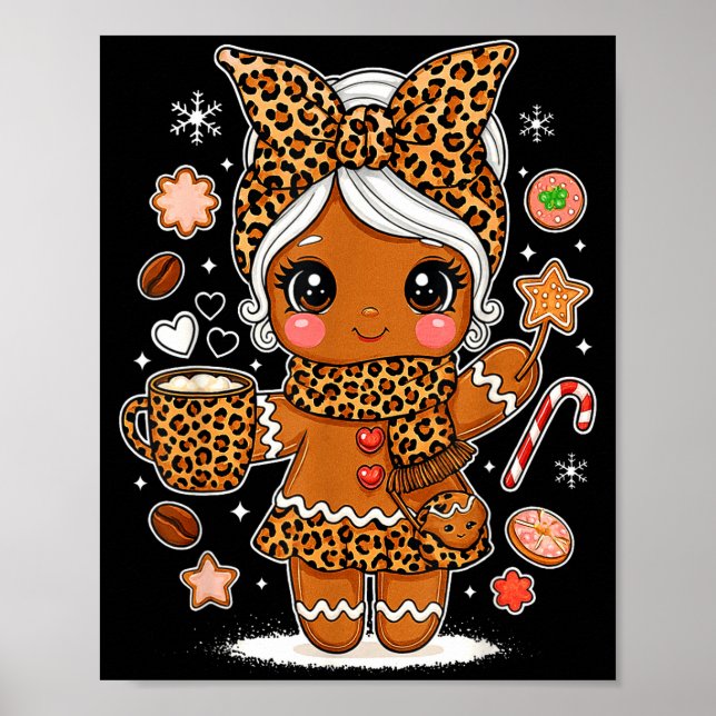 Póster Cute Leopard Gingerbread Girl Coquette Bow Holiday (Frente)