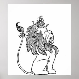 Póster Cute Lion Wearing Crown Profile Line Drawing