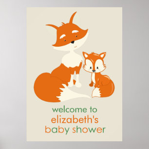 Póster Cute Little Fox and Mom Baby Shower Poster