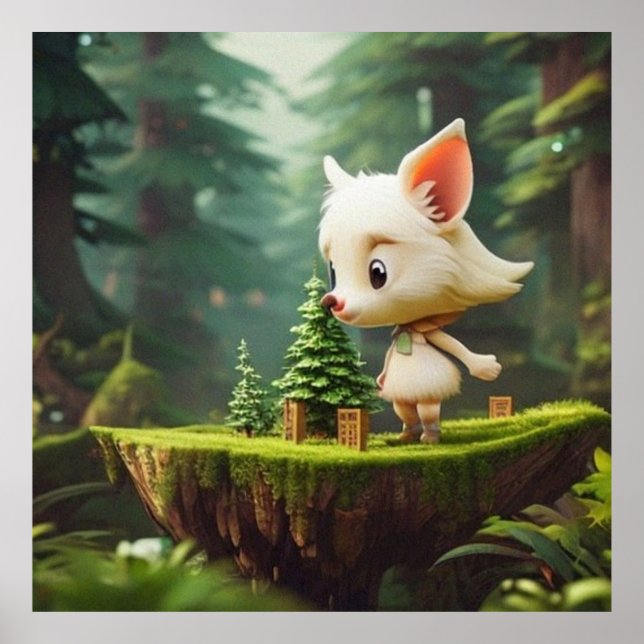 Póster Cute Little Girl white dog in the forest modern (Frente)