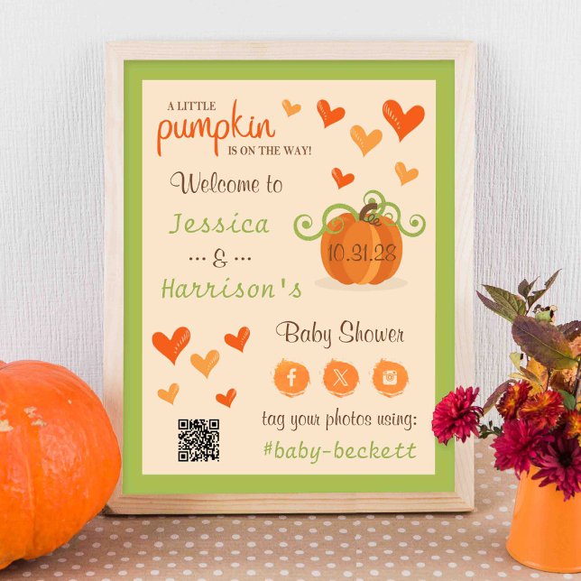 Póster Cute Little Pumpkin Baby Shower Welcome Sign  (Subido por el creador)