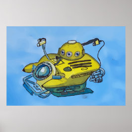 Póster Cute little yellow submarine in blue water
