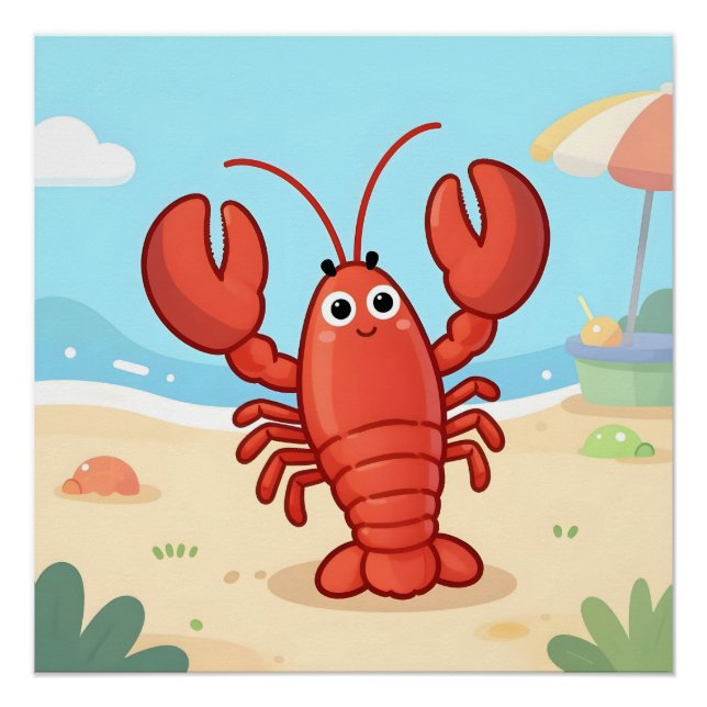 Póster Cute lobster at the beach (Anverso)