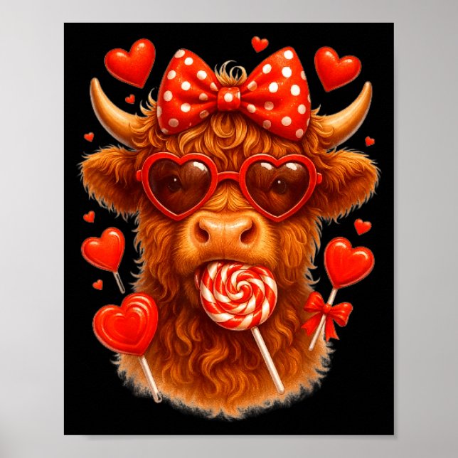 Póster Cute Lollip Highland Cow Valentine's Day Red Heart (Frente)