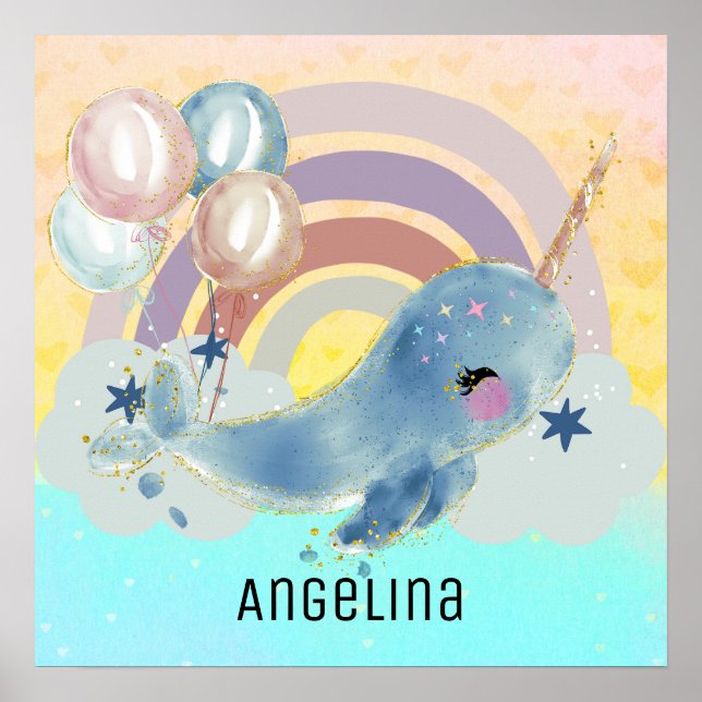 Póster Cute Magical Sea Unicorn Custom Name  (Frente)