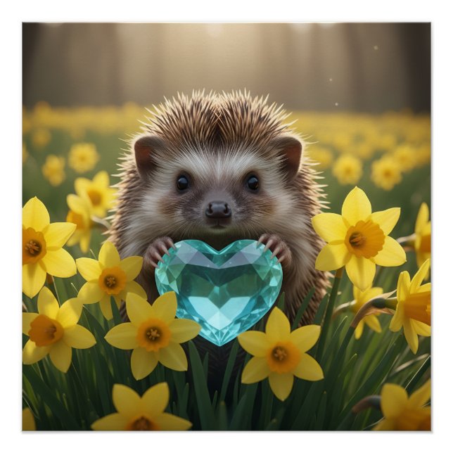 Póster Cute March Hedgehog with Aquamarine Heart (Anverso)