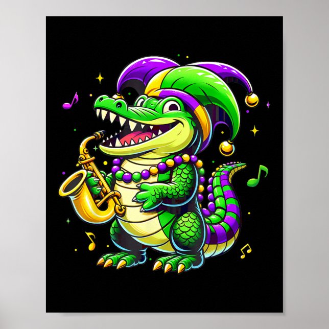 Póster Cute Mardi Gras Alligator Jester Gorra Carnaval Pa (Frente)