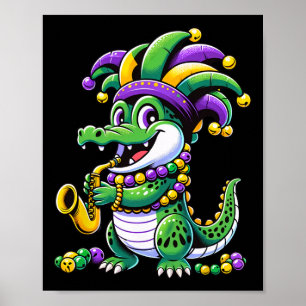 Póster Cute Mardi Gras Alligator Jester Gorra Carnaval Pa