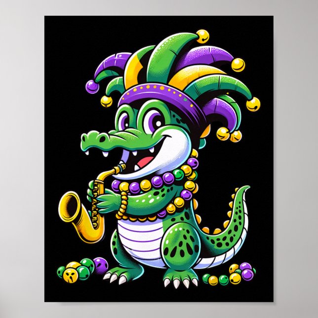 Póster Cute Mardi Gras Alligator Jester Gorra Carnaval Pa (Frente)