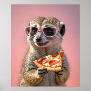 Póster Cute Meerkat con gafas y pizza
