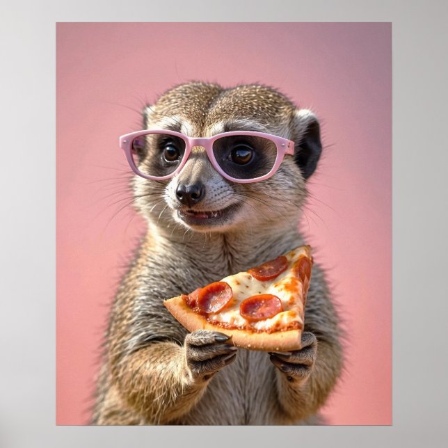 Póster Cute Meerkat con gafas y pizza (Frente)