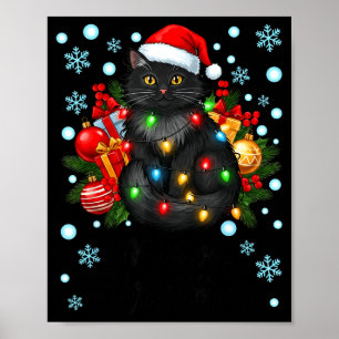 Póster Cute Meowy Navidad Gato Negro Gorro de Santa Navid