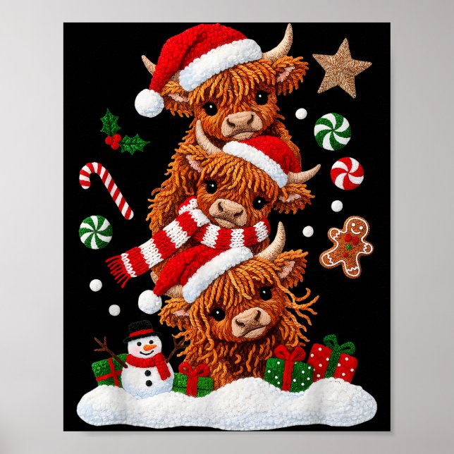 Póster Cute Merry Christmas Highland Cow Christmas Santa  (Frente)
