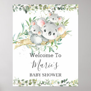 Póster Cute Mom Koala Twins Greenery Neutral Baby Shower