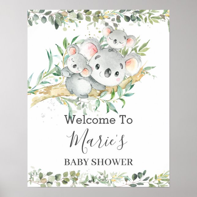 Póster Cute Mom Koala Twins Greenery Neutral Baby Shower (Frente)