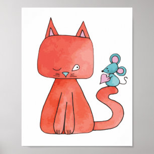 Póster Cute Mouse Loves Kitty Cat