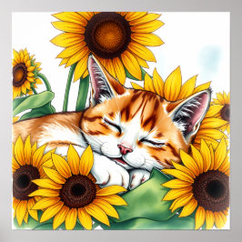 Póster Cute Napping Kitten and Sunflowers