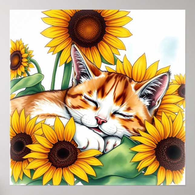 Póster Cute Napping Kitten and Sunflowers (Frente)