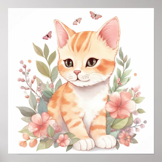 Póster Cute Naranja Tabby Kitty con flores acuarela (Frente)