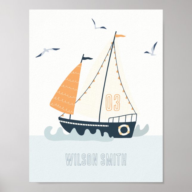 Póster Cute Nautical Blue Sailboat Pastel Kids Nursery (Frente)