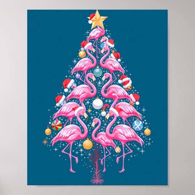 Póster Cute Nk Flamingo Christmas Tree Santa Hat Trocal P (Frente)
