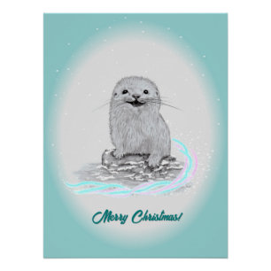 Póster Cute Nutria Blanca de Mar Bebé, Feliz Navidad