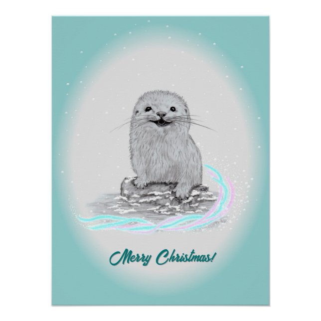 Póster Cute Nutria Blanca de Mar Bebé, Feliz Navidad (Anverso)