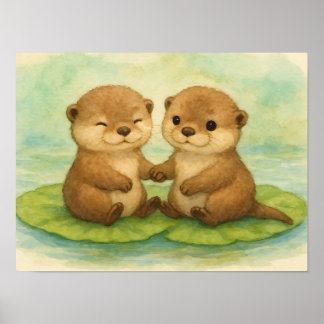 Póster Cute nutrias de acuarela tomadas de la mano