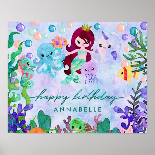Póster Cute Ocean Animals Tema de la sirena Feliz cumplea (Frente)