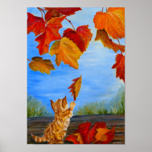 Póster Cute orange cat playing with autumn leaves. Poster
