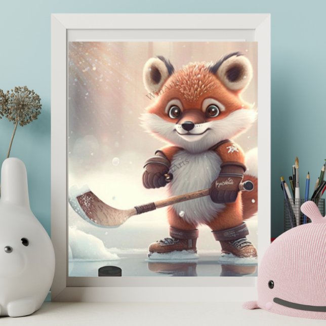 Póster Cute Orange Fox jugando hockey sobre hielo Art Nur (Subido por el creador)