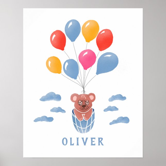 Póster Cute Oso de Peluche Globos Azules Poster Nombre Ni (Frente)
