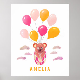 Póster Cute Oso de Peluche Globos Rosas Cartel Nombre Niñ