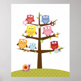 Póster Cute owls on tree illustration