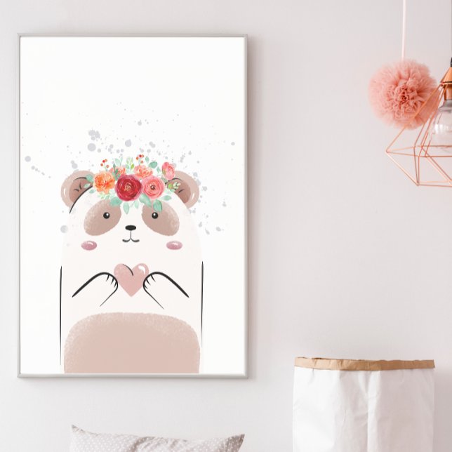 Póster Cute Panda Corazón Rosa Acuarela Flores Guardería (Subido por el creador)