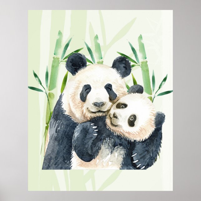 Póster Cute Panda Pair y acuarela de bambú (Frente)