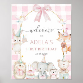 Póster Cute Party Animals Fun To Be One 1st Birthday Pink