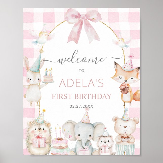 Póster Cute Party Animals Fun To Be One 1st Birthday Pink (Frente)